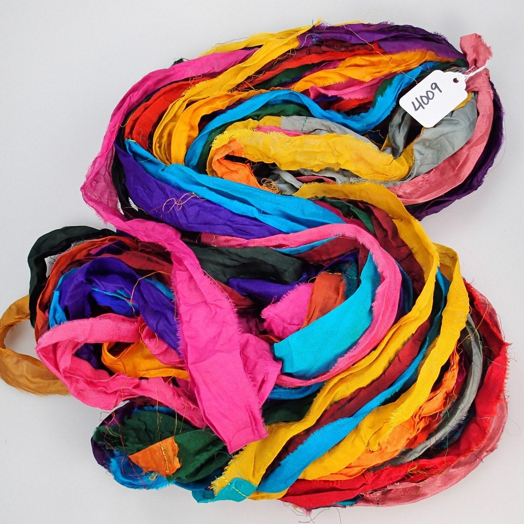 Recycled Silk Sari Ribbon Soft Soak in multi color smooth and wide HUGE skein