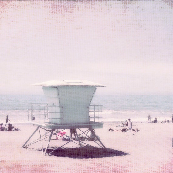 Summer Beach Photography - lifeguard tower retro beach - pale pink baby blue pastel fine art vintage style photography  8x10 - "Pink Summer"