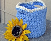 Basket - Handmade Basket, Crochet Basket Bowl, Crochet Crock Pot Basket - Blue with White Trim