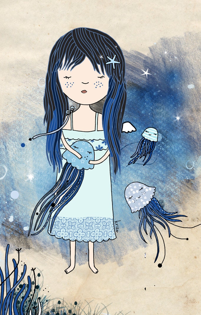 Illustration Print Girl and jellyfishes  - Medusa. Sea theme.