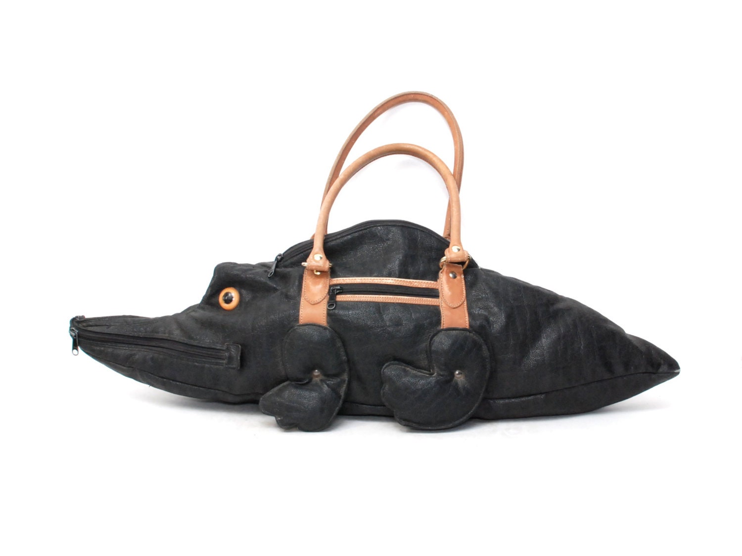 ALLIGATOR black leather 80s ANIMAL crocodile novelty DUFFEL bag purse