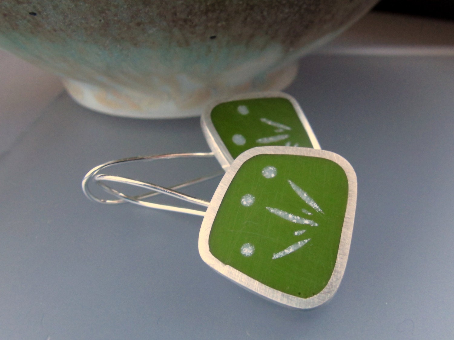 Graphico - Pesto Green Resin Earrings - Square Silver Earrings - Flower Motif - Handmade in Bath