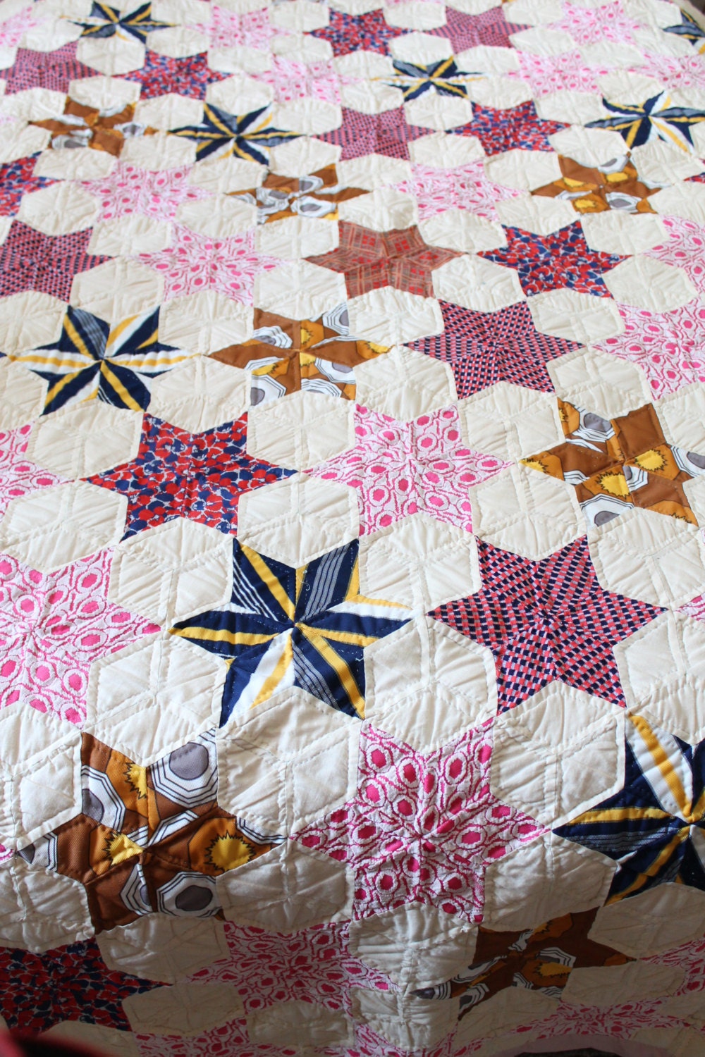 70s Vintage Mid Century 6 Point STAR Quilt - Finished Completed - 95" by 79" - Cottage Shabby - pink yellow white brown blue grey red