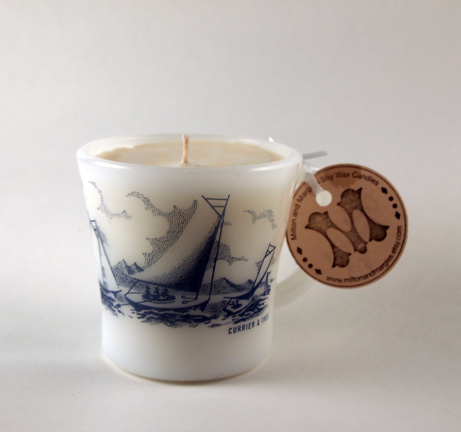 Cedar Campfire Soy Wax Candle in a Reused Currier & Ives Sailing Mug