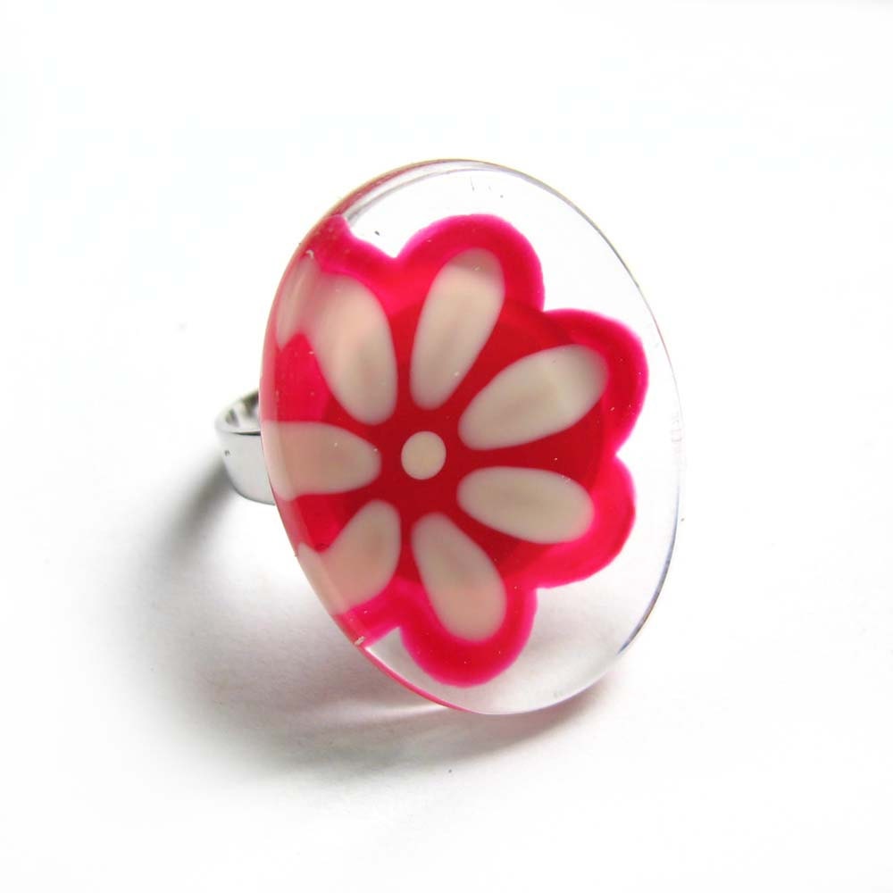 Flower pink  and white ring - hand painted glass -