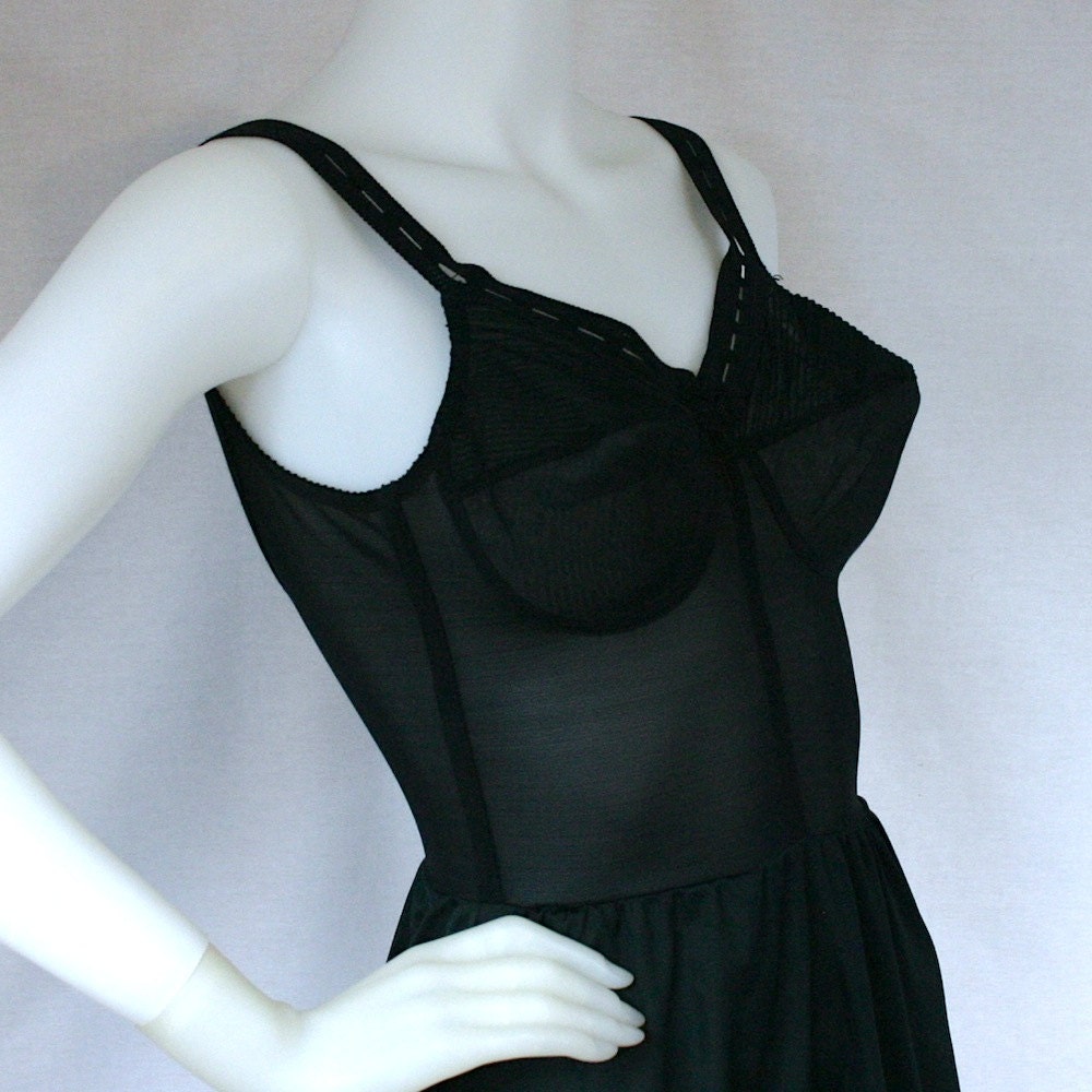 50s Black All In One Bullet Bra Slip, 34  - Vintage Lingerie