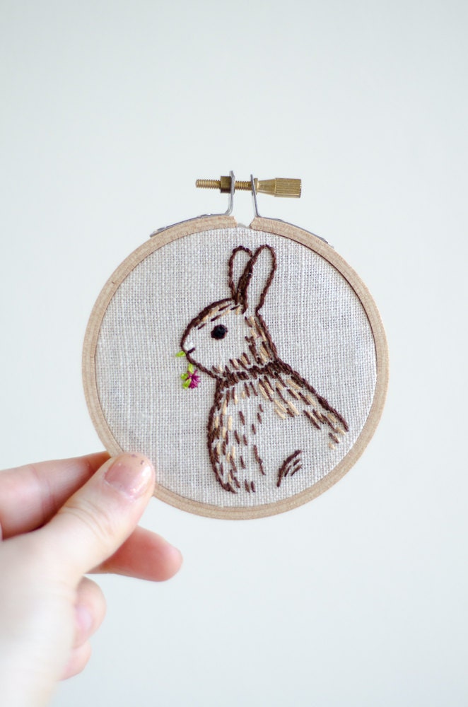 Embroidered Cottontail Bunny, Embroidery Hoop Art