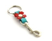 Bright Spring Handmade Leather Swivel Clip Flower Key Ring in Strawberry Red and Aqua