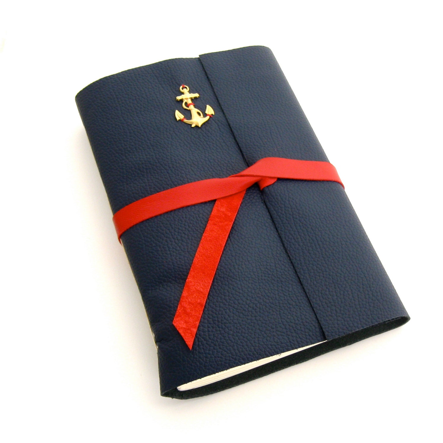 Large Navy Blue and Red Nautical Leather Journal and Sketchbook Adorned with A Brass Anchor