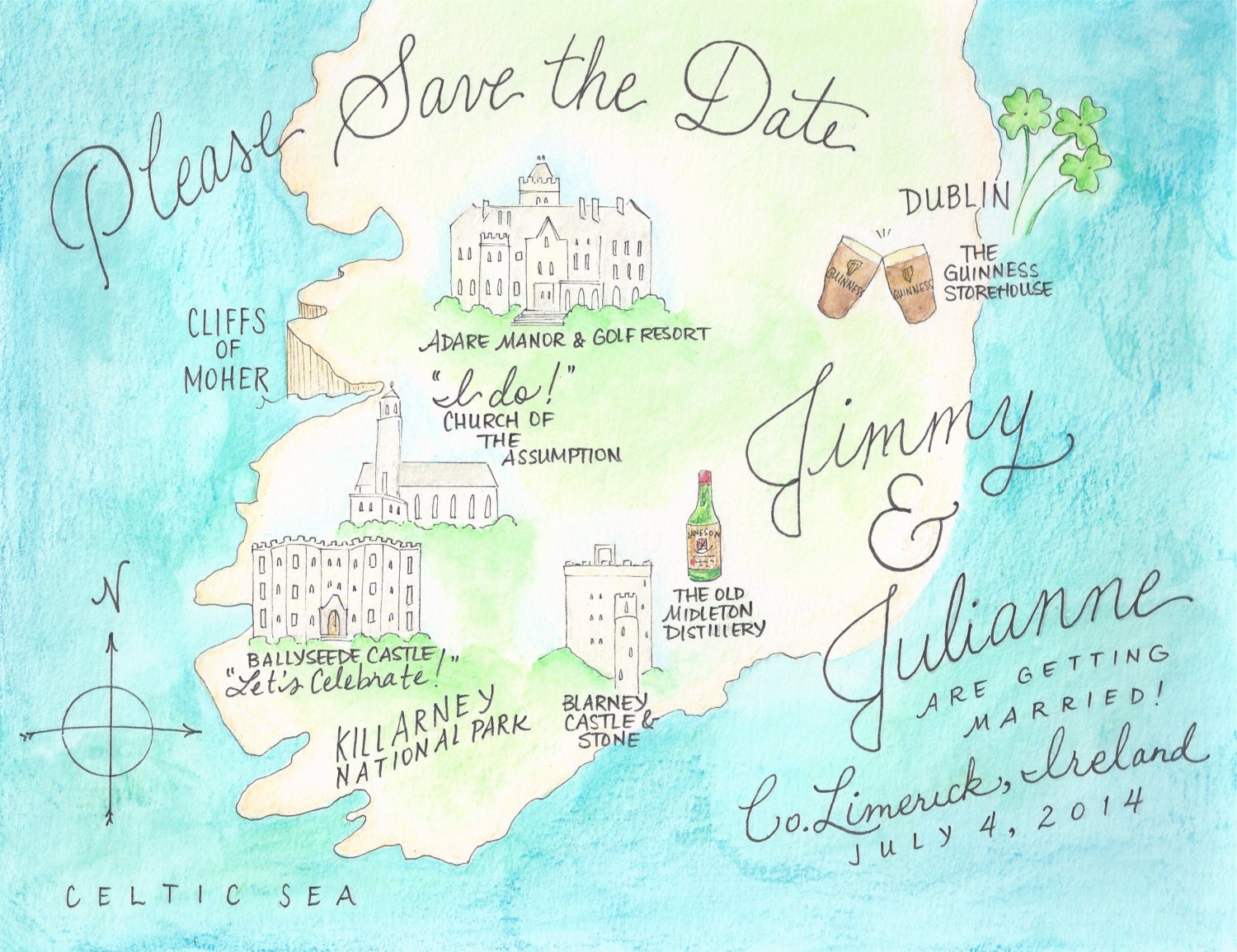 Custom Save-the-date Map -- Pen and Ink with Watercolor -- Digital File