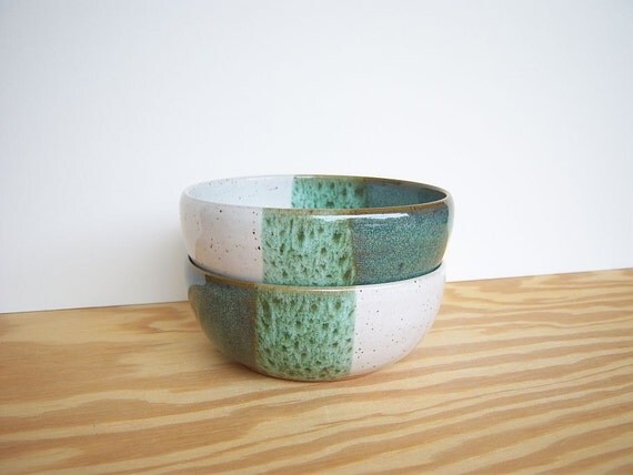 Sea Mist and White Ceramic Soup Bowls - Set of 2