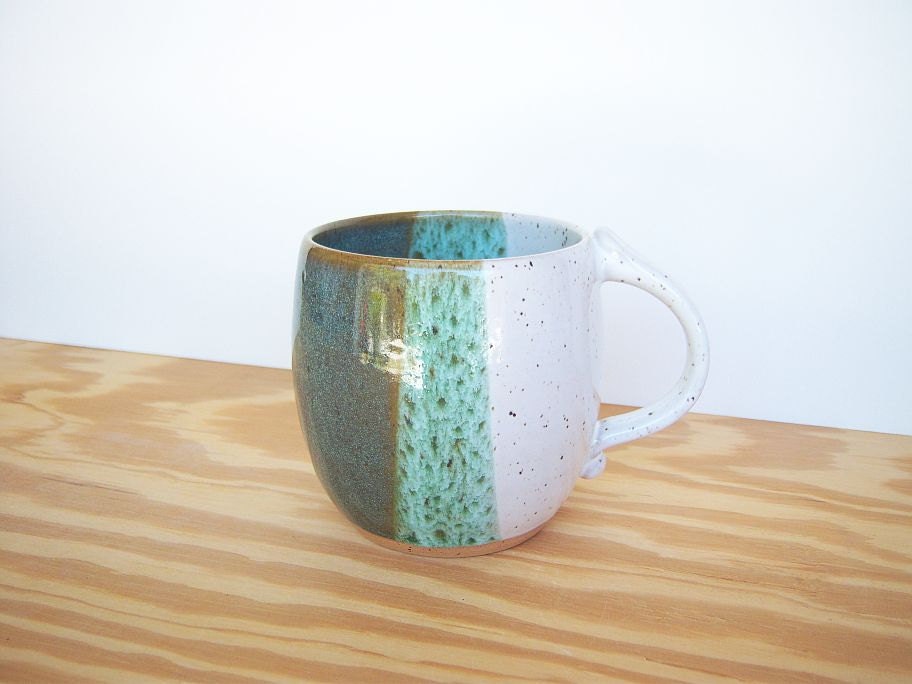 Stoneware Ceramic Coffee Cup in Sea Mist and White Glazes