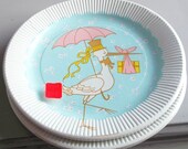 2 Packages of Unopened Vintage 1977 American Greatings Baby Shower Paper Plates Stork Umbrella Ephemera Great Scrapbook Supplies