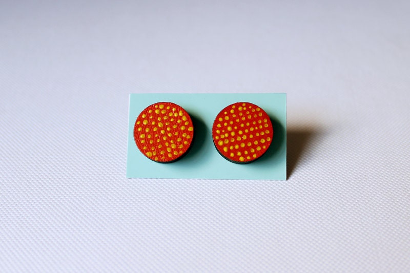 Bamboo Earrings Polka Dots - Red with Yellow Dots
