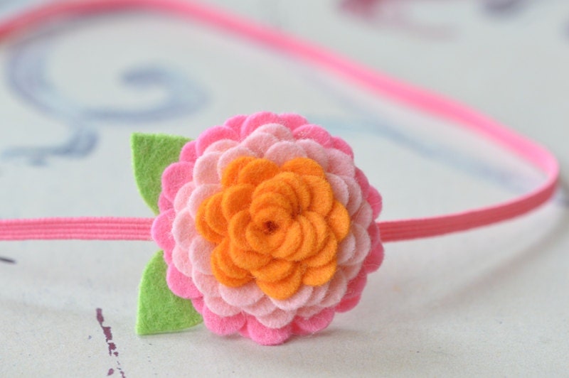 Felt Flower Headband .  Button Flower .  Elastic Headband With Wool Blend Felt  Flower In Orange Soft Pink and Barbie Brights
