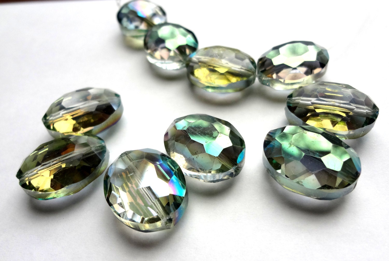 16 x 20mm Faceted Yellow and Green Rainbow Quartz Puffy Oval Semi Precious Gemstone Beads 5 pcs