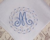 Vintage White Hanky with a Something Blue Initial M - Handkerchief Hankie