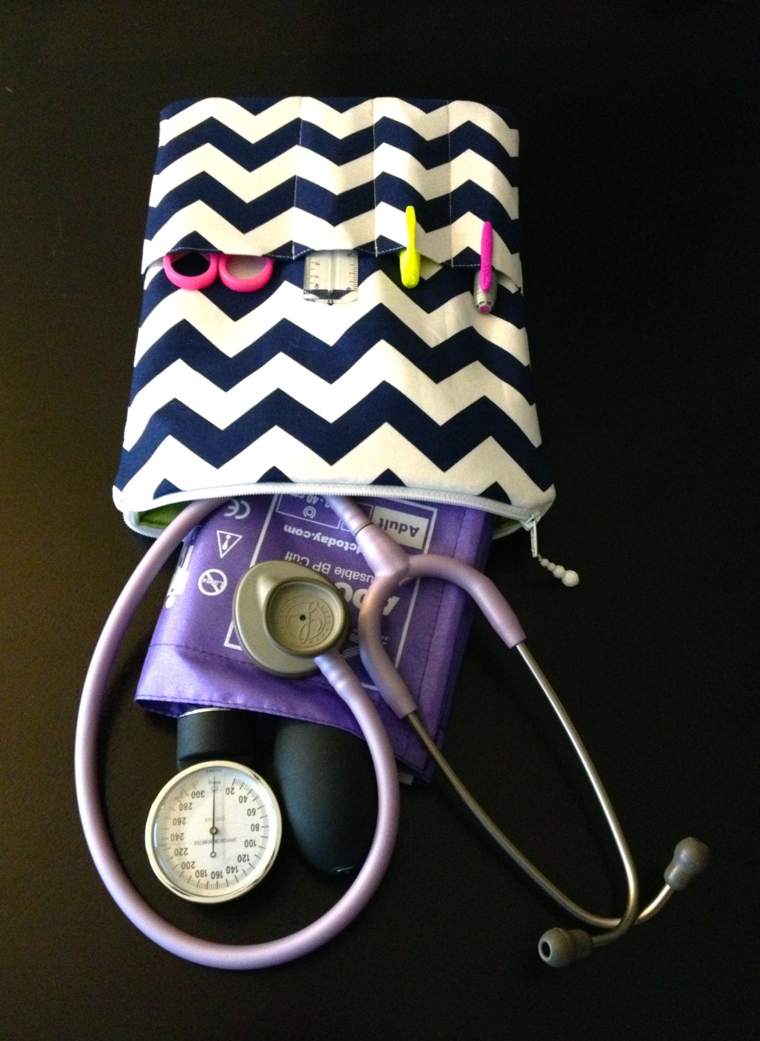 chevron NURSE PURSE stethoscope bag and BP case - shown in navy & white w/ lime green (medical pouch, pockets for penlight and tools)