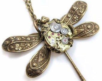 Steampunk necklace,  steampunk dragonfly with gold mechanical body, steampunk pendant necklace, steampunk insect, steampunk jewelry