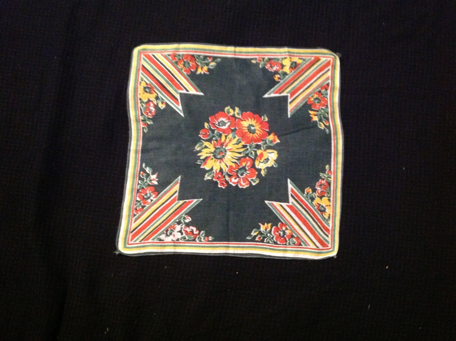 Vintage Hankie Green Cotton Handkerchief with Red, Yellow and Green Stripes and Yellow and Red Flowers