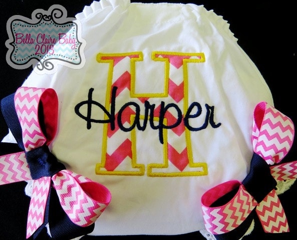 Personalized Diaper Cover for baby girls toddler- Chevron Initial applique Custom design- Hot Pink, Yellow, Navy chevron Bows