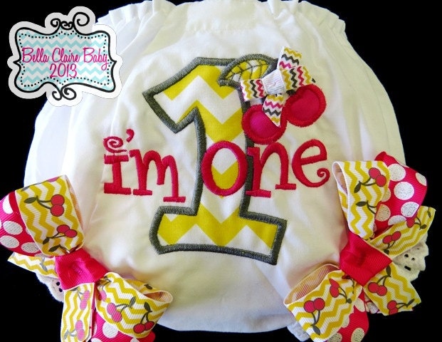 Chevron Yellow and Cherry Birthday Diaper Cover for girls Initial applique Custom design- Sparkle Bloomers Chevron Bows