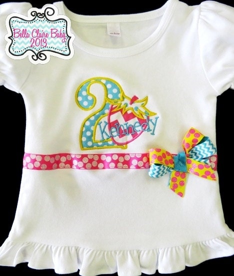 Strawberry Initial Frill Shirt for girls Personalized Applique Custom Order-hot pink yellow turquoise Polka Dot Bows