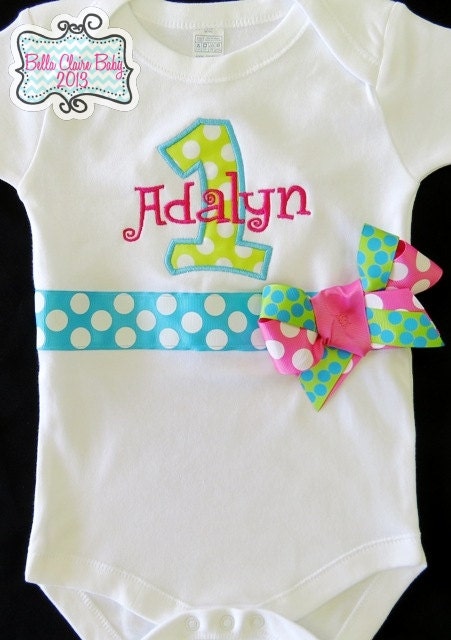 Girl Name bodysuit onesie for baby girls Initial Number Applique Custom design- turquoise, hot pink, lime, fuschia Polka Dot Bows