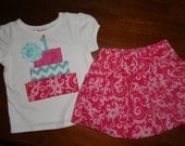 Tiered Birthday Cake Outfit with Rosette Shirt or Tank and matching Skirt.....Aqua and Hot Pink