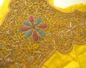 Mughal silk embroidery  vintage applique bib yoke or bodice front, gold, silver, pink and teal on yellow. Gold bullion