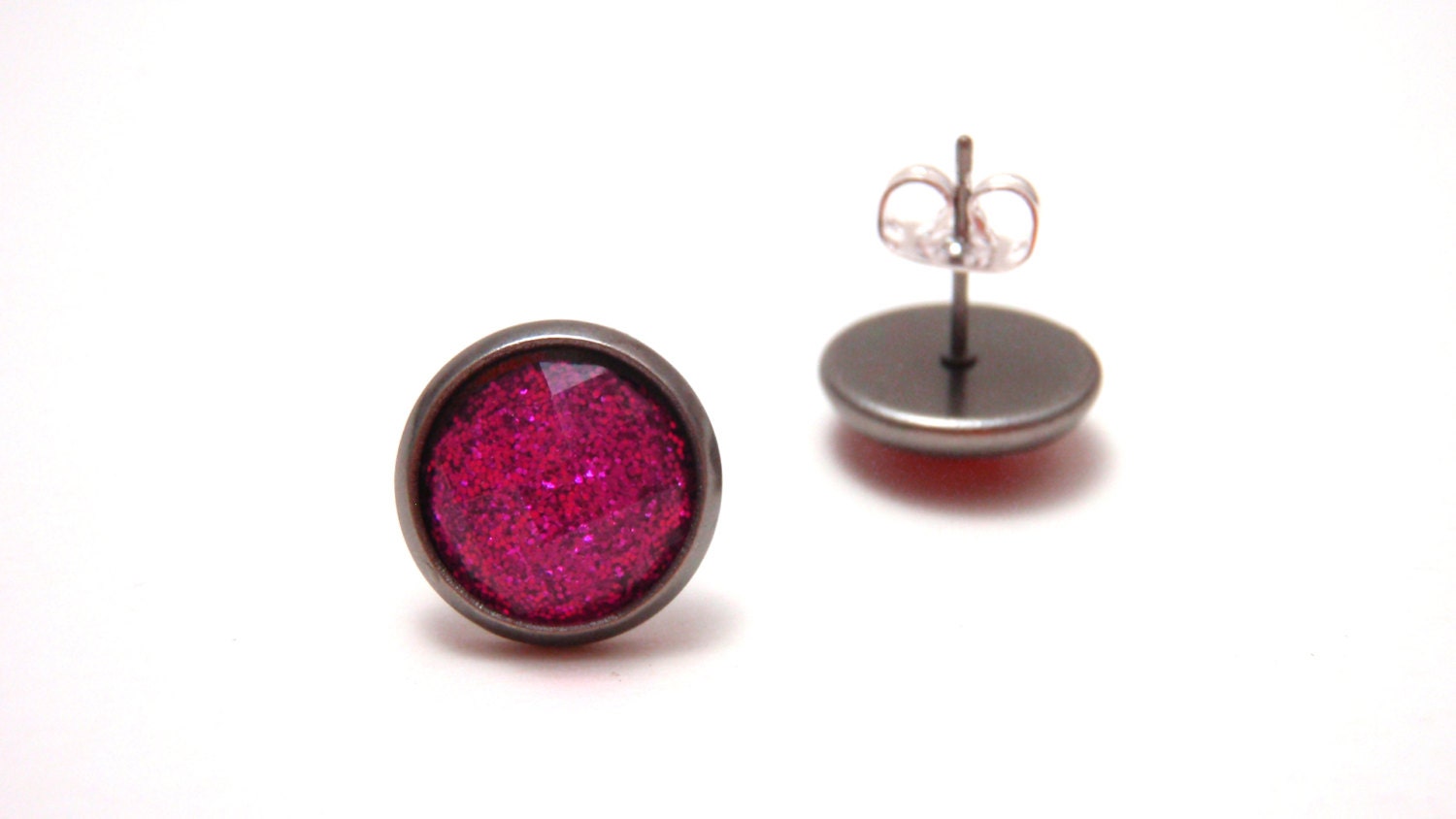 Hot Pink Glitter Studs - Super sparkly bright magenta glitter rhinestones on gunmetal post earrings