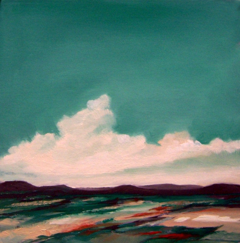 TURQUOISE SKY, oil painting original painting, 100% charity donation,  landscape, 9x9, art board, clouds, sky, hills, desert