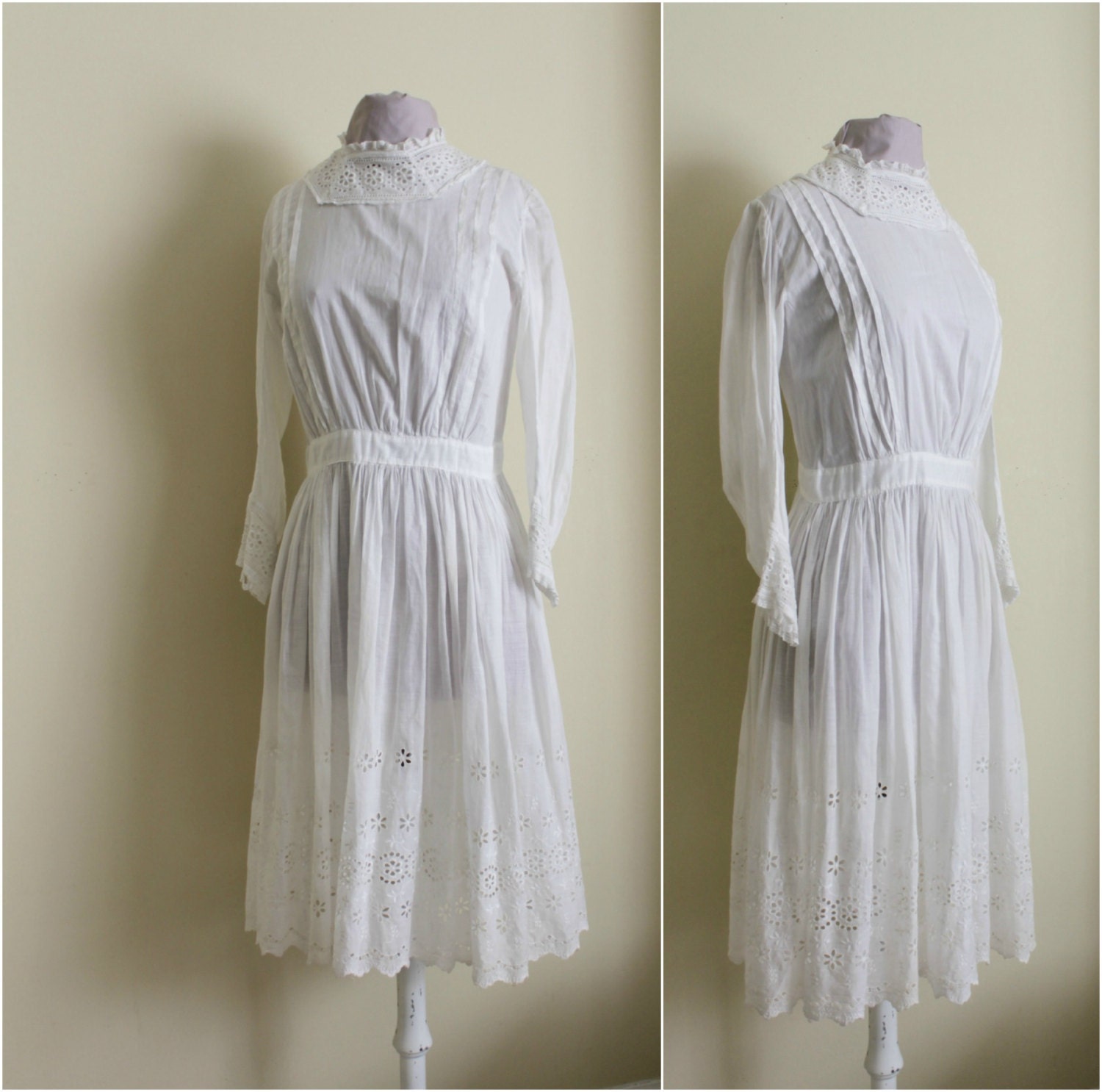 Antique Edwardian Dress / 1910s Eyelet Dress / White Cotton Day Dress