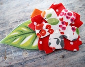 flower barrette - red batik, orange, green, grey