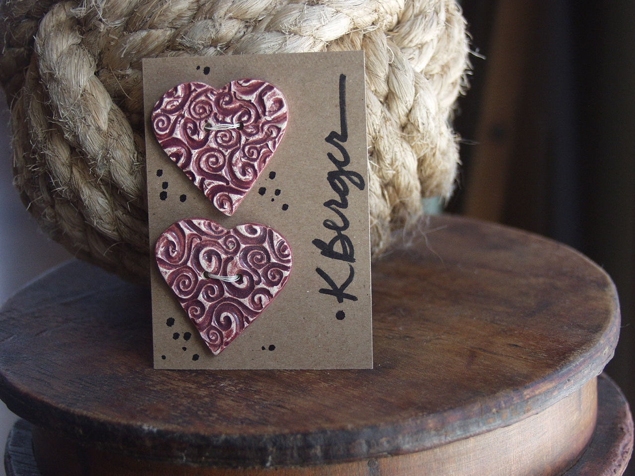 Hand Built Pottery Ceramic Heart Textured Maroon Pottery Set of 2 Buttons