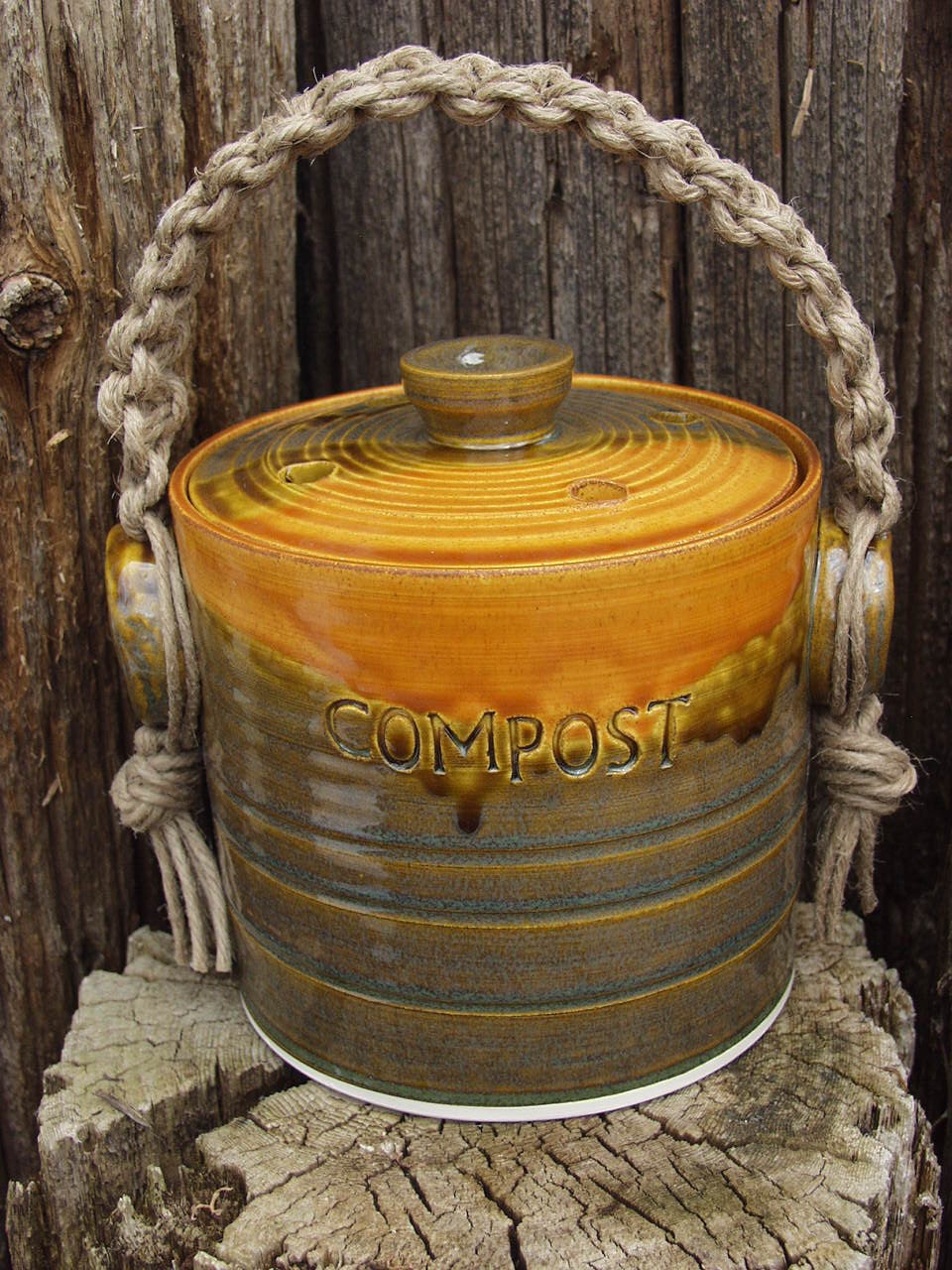 Made to Order Compost Lidded Jar Crock with Macrame Handle