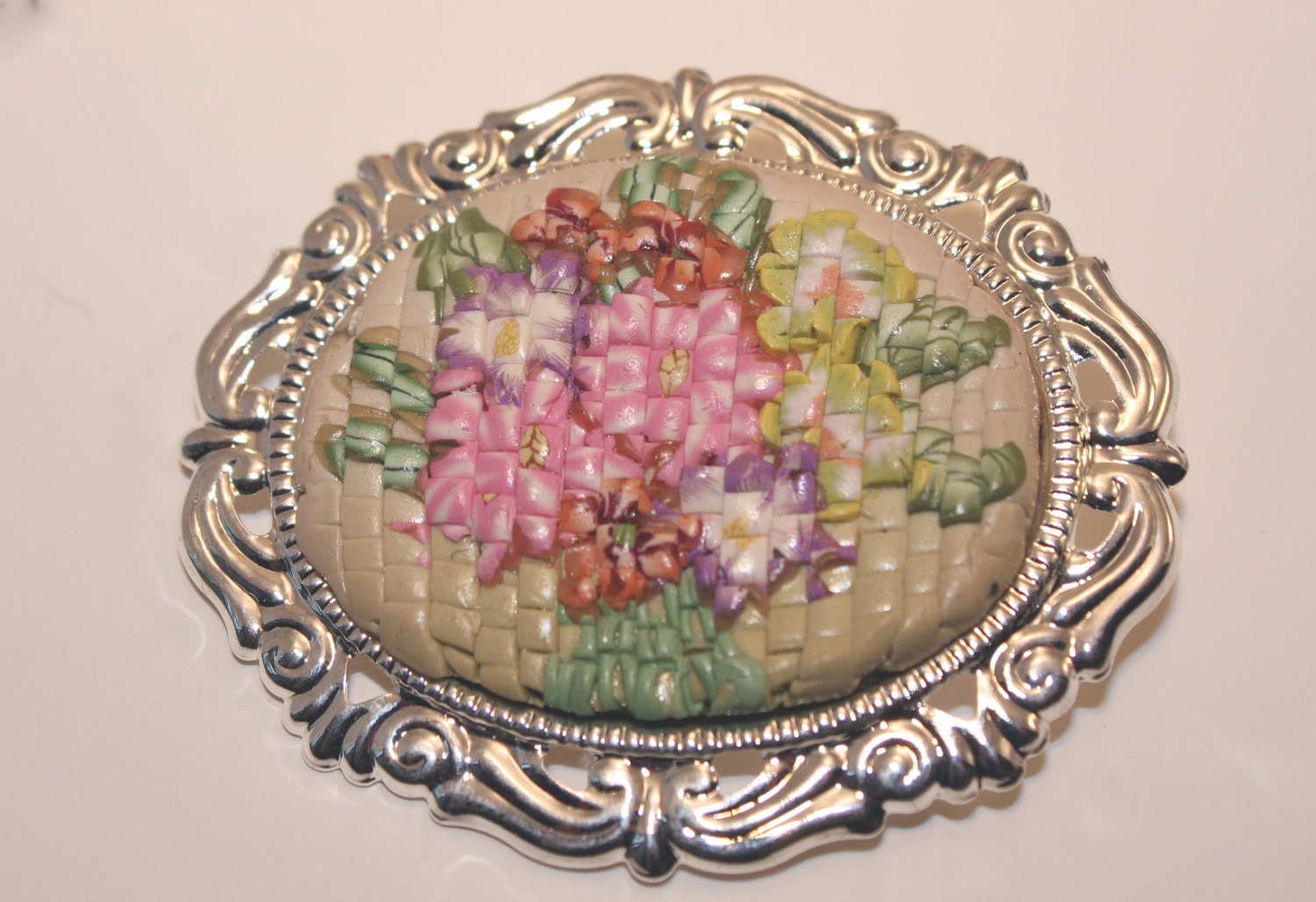 Polymer Clay Faux Needlepoint brooch
