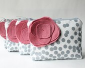 Make Up Bag Set of 4, Personalized Bridesmaid Gift, Zipper Pouch, Gray and Pink, Polka Dots, Choose Colors