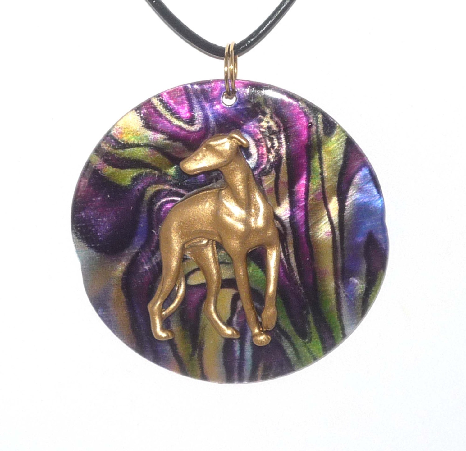 Shell Pendant w Goldtone Greyhound Dog, Genuine Leather Necklace