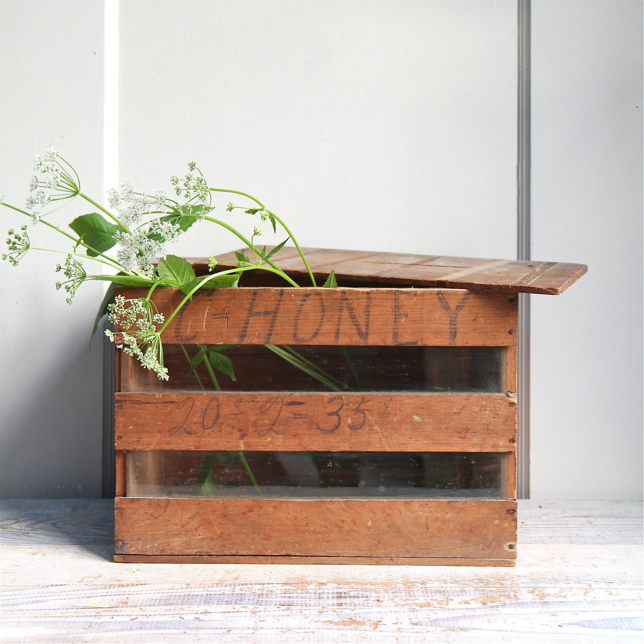 Vintage Glass and Wood Honey Box / Americana, Storage, Rustic Decor