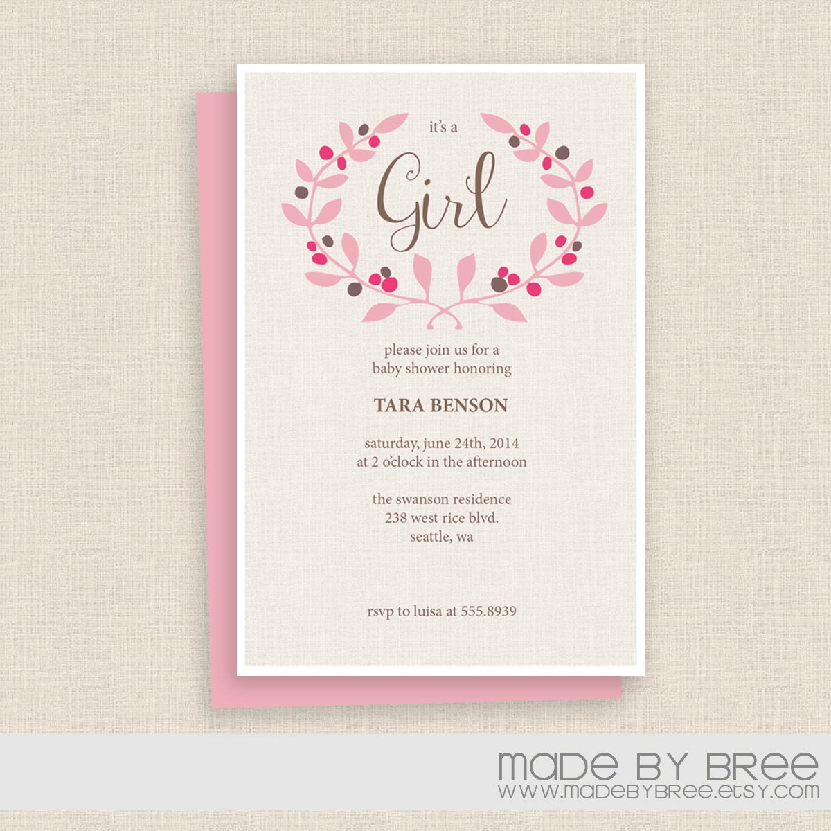 Linen - Bright Magenta - Pink and Brown -  Floral Wreath - Girl Baby Shower Invitation