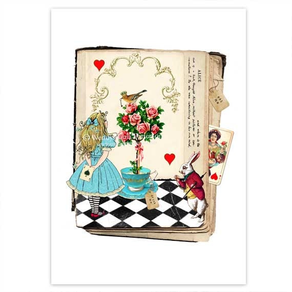 Alice in Wonderland, Collage Art Print, Giclee, Story Book, Vintage Inspired, Nursery Art, 8 x 10