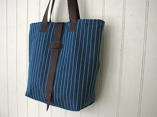 Indigo stripe, leather tote bag carryall - eco vintage Japanese fabric