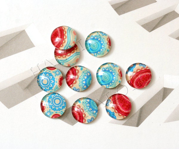 10pcs handmade assorted texture blue and red round clear glass dome cabochons 12mm (12-9718)