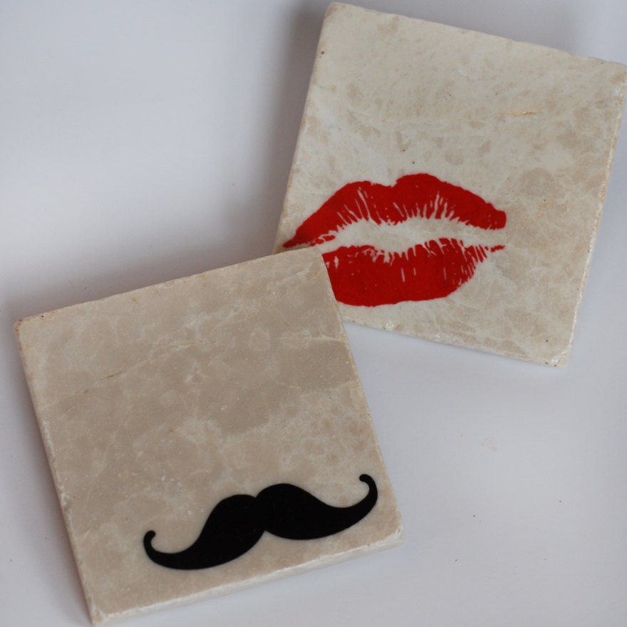 Lips & Mustache  - set of 2 drink coasters