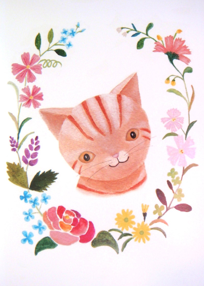 Orange Tabby Cat Illustration Print Colorful Floral Garden Home Wall Decor 5x7 Nursery Art
