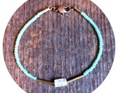 Delicate minimalist layering bracelet - sea green, rose quartz, brass - love energy