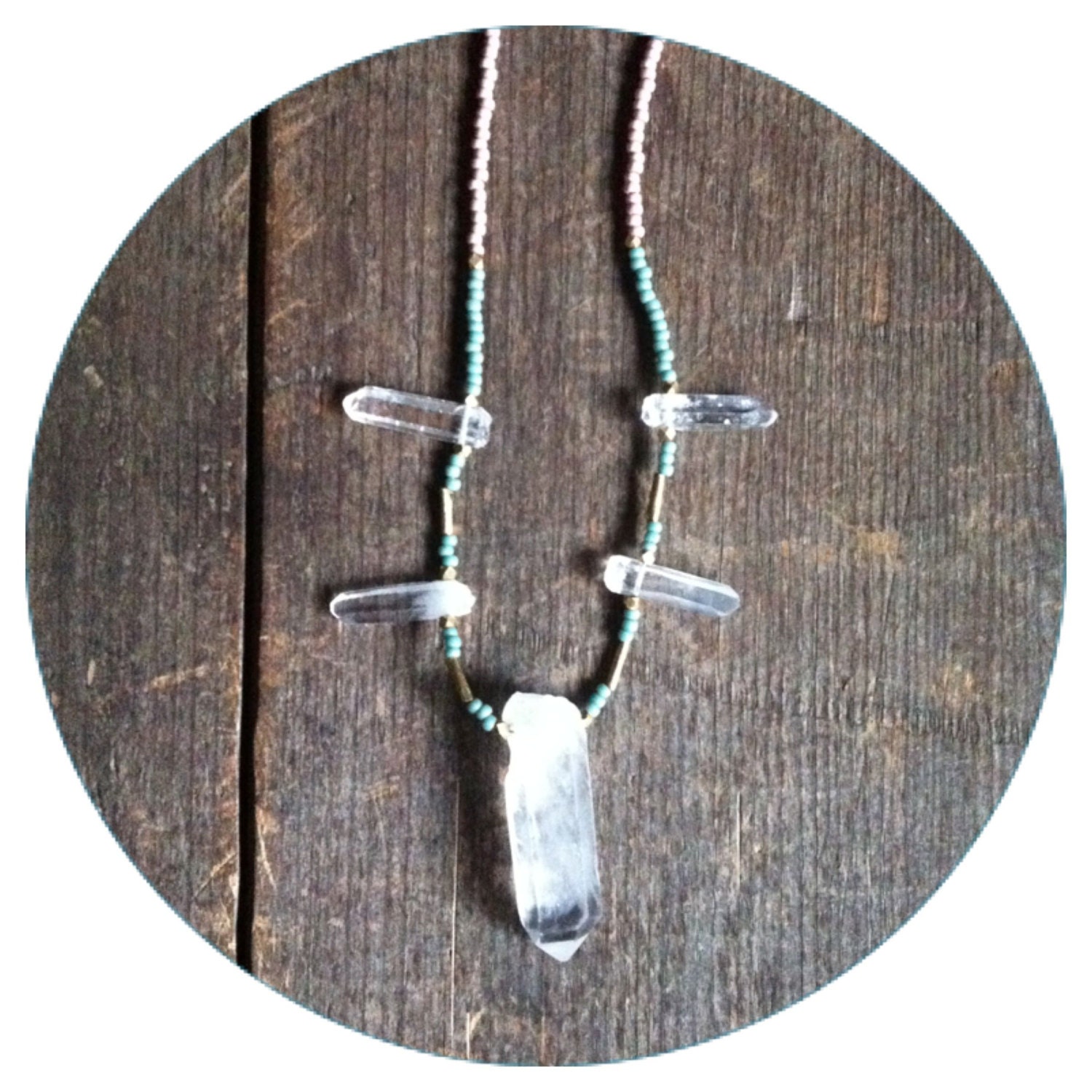 beaded quartz crystal necklace, brass, dusty rose pink, light blue and white - beaded- healing
