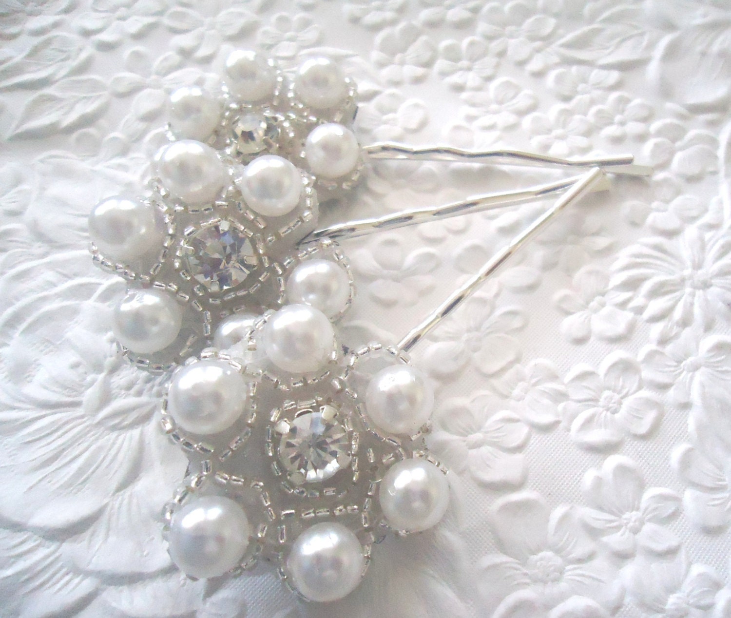 1 white beaded floral hairpins 1.25 inches - bridesmaid wedding occasion hair accessory