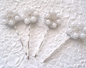 4 white beaded floral hairpins .75 inches - bridesmaid wedding occasion hair accessory
